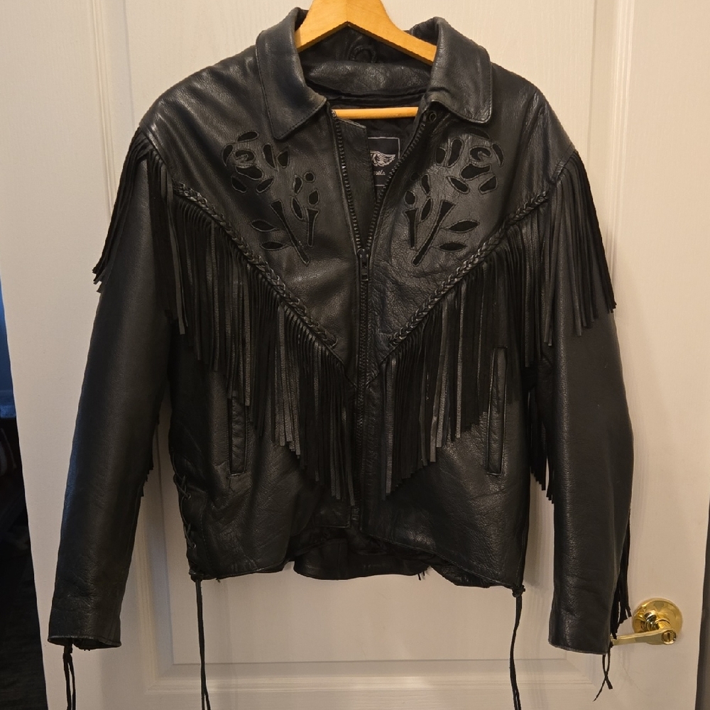 Black Leather Biker Style Jacket with Fringe and Cutout Design